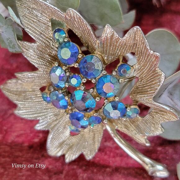 Golden Leaf Brooch With Blue Rhinestones for Women, Gold Jewelry Pin - Picture 7 of 10